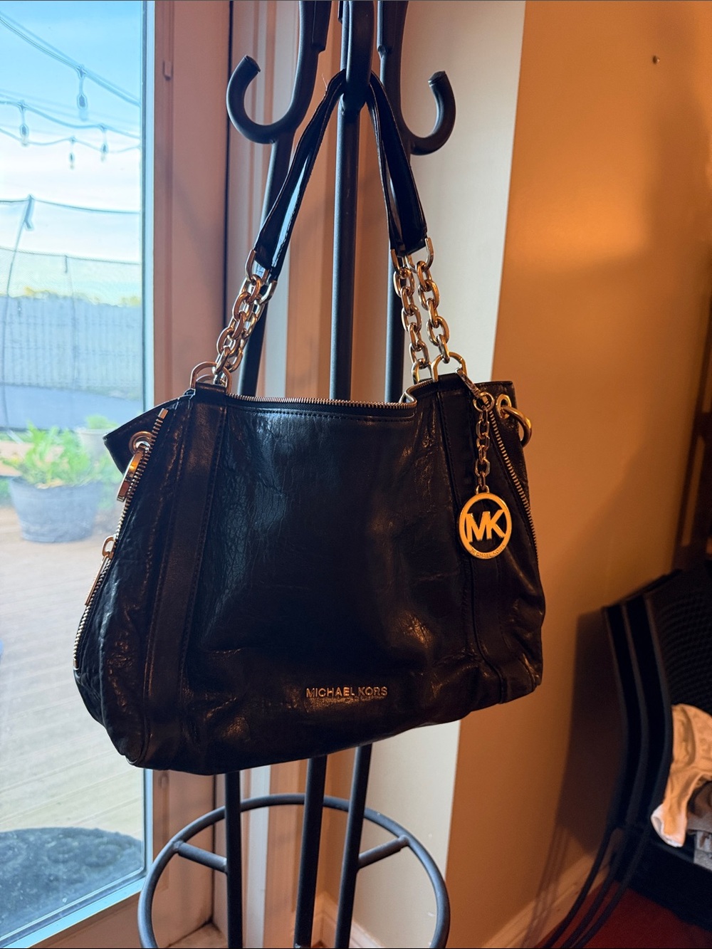 Michael Kors Black Leather Shoulder Tote with Gold MK Charm